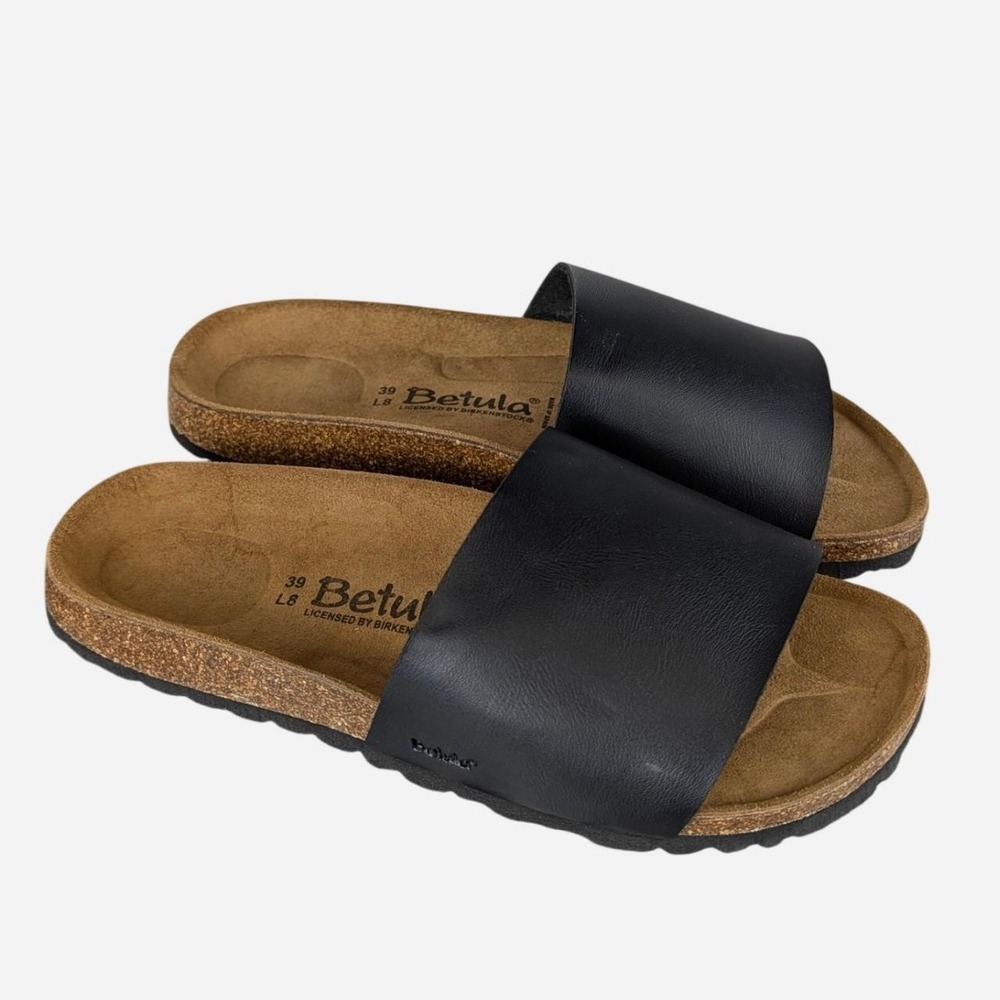 Betula by Birkenstock Black Leather Slide Sandals Cork Footbed 8